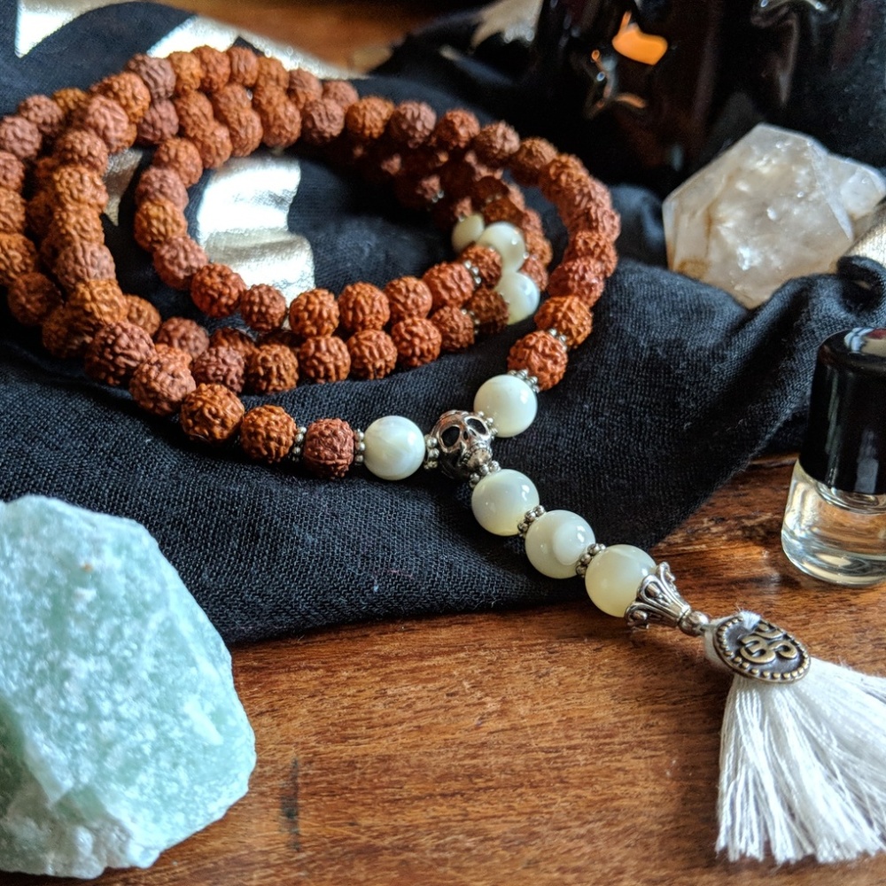 Mala Necklace: Rudraksha & Mother of Pearl!